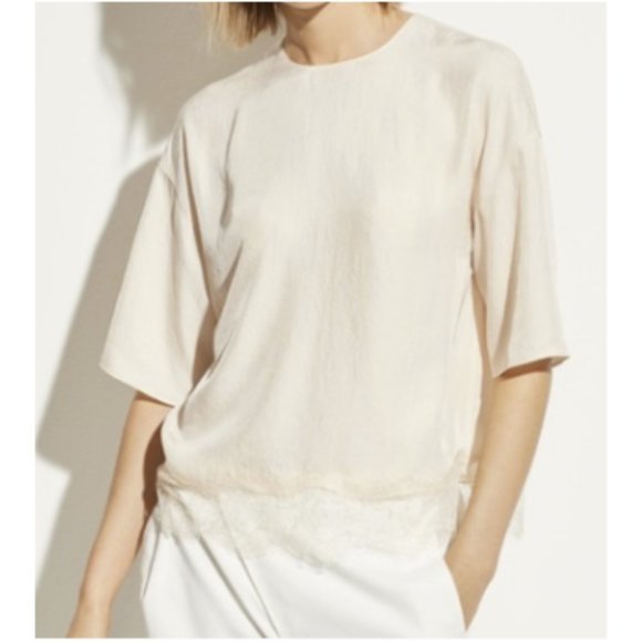 Vince Lace Trim Tee in Pale Adler Large 3/4 Sleeves Round Neck - Picture 3 of 11